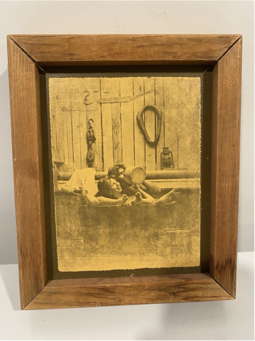 Vintage Rolland Hendrickson Old West Bath Time Sepia Print Framed Rustic Art